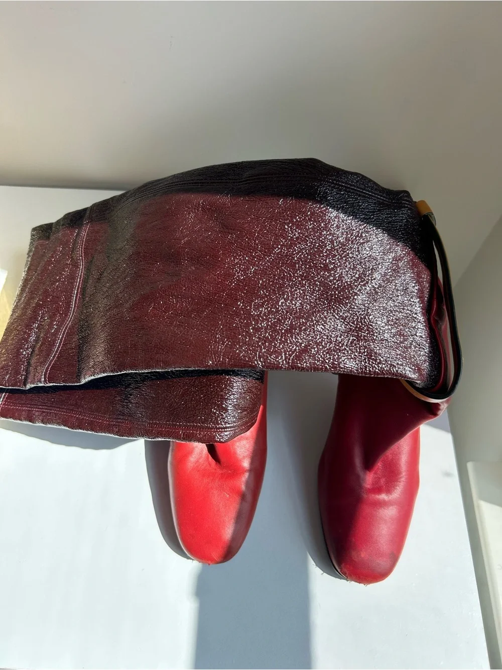 Stuart Weitzman Red Brown Patent Leather Belted Knee-High Boots